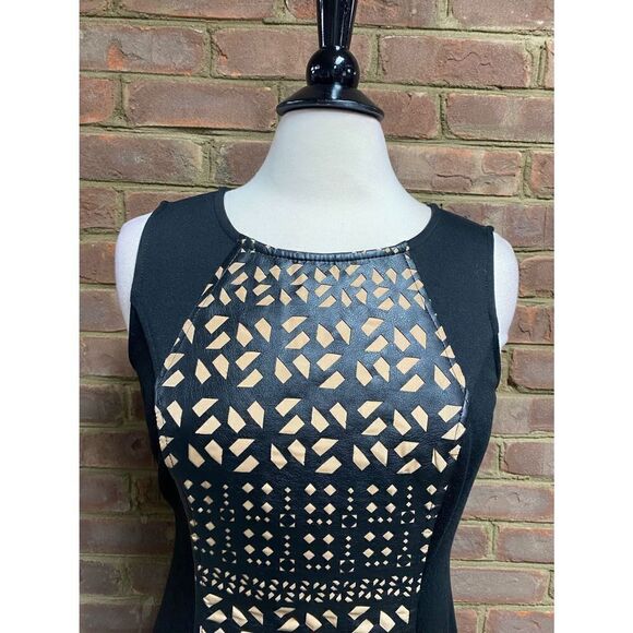 ECI New York Black & Tan Sleeveless W/Faux Leather Panel Front Dress Size 8 NWOT - Picture 3 of 7